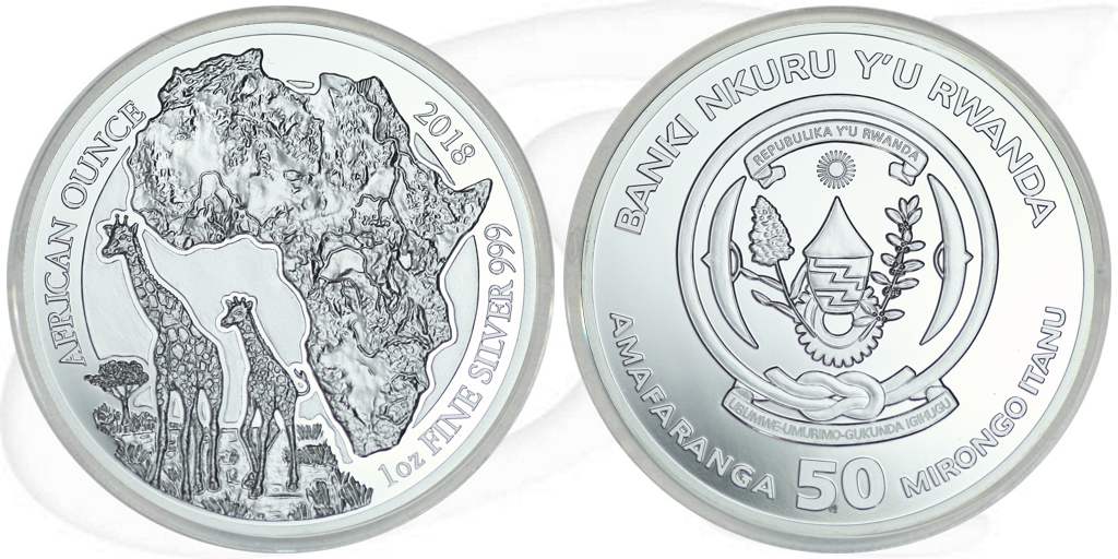 Ruanda 2018 Giraffe Silber Münze Vorderseite und Rückseite zusammen