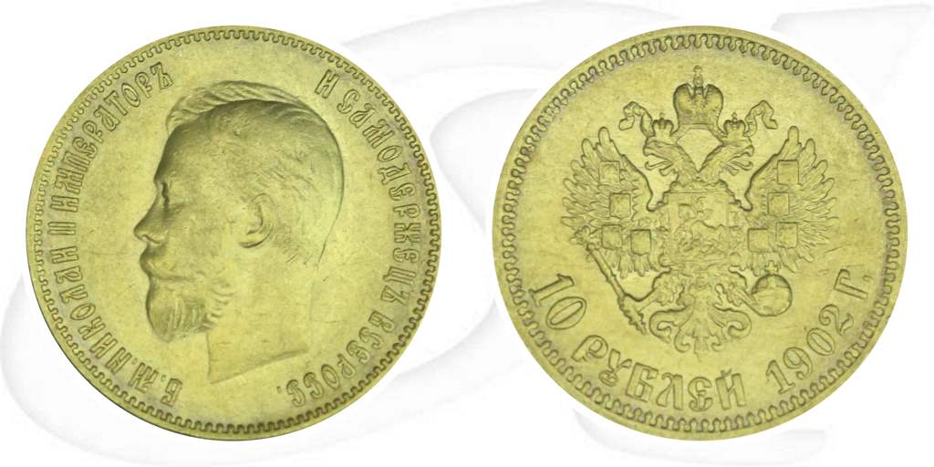 Russland 10 Rubel Gold 1902 ss Zar Nikolaus II. Münze Vorderseite und Rückseite zusammen