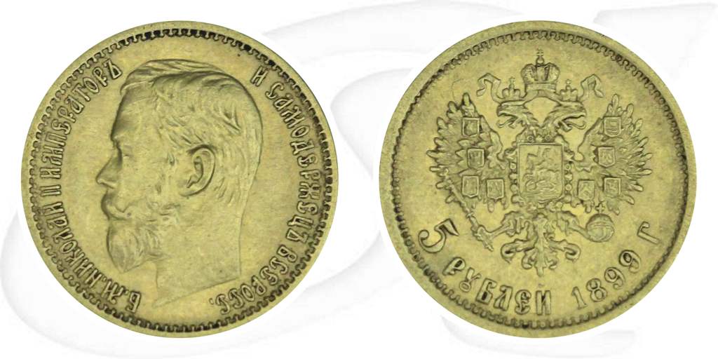 Russland 5 Rubel Gold 1899 ss Zar Nikolaus II. Münze Vorderseite und Rückseite zusammen