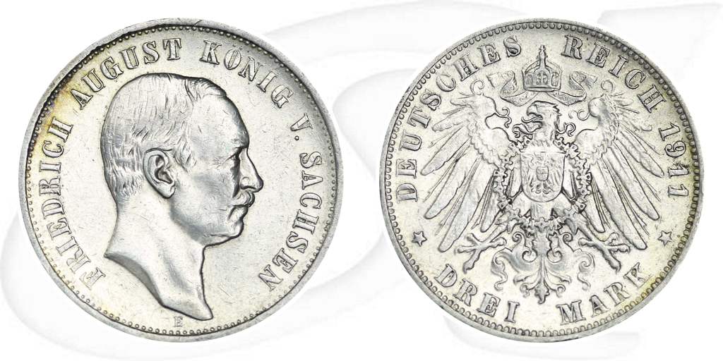 Sachsen 1911 3 Mark Friedrich August Deutschland Kaiserreich Münze Vorderseite und Rückseite zusammen