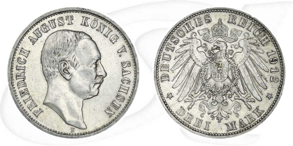 Sachsen 1912 3 Mark Friedrich August Deutschland Kaiserreich Münze Vorderseite und Rückseite zusammen
