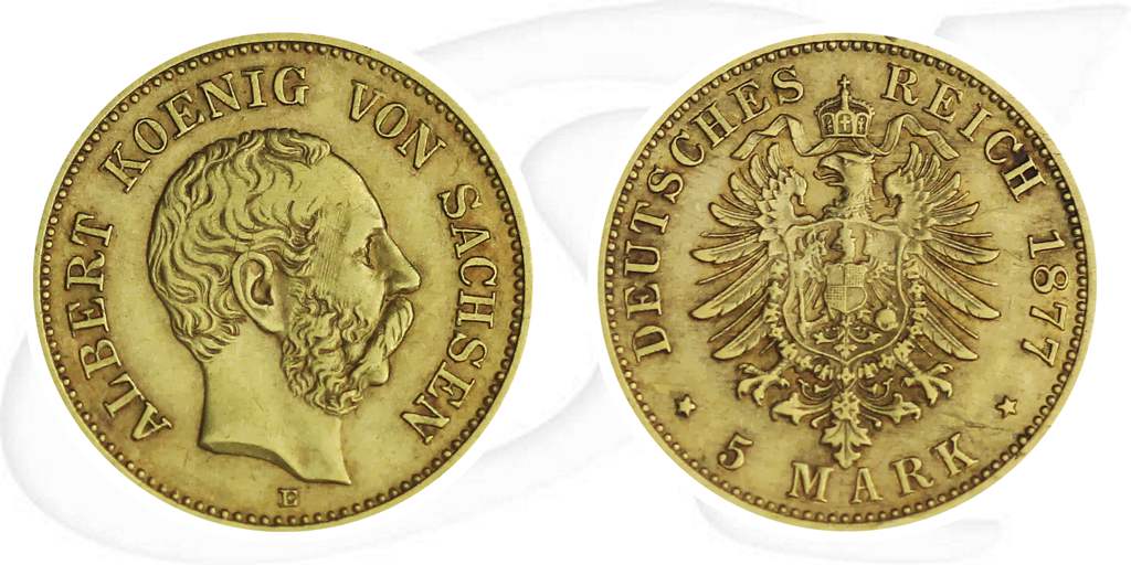 Sachsen Gold 5 Mark Albert 1877 Münze Vorderseite und Rückseite zusammen