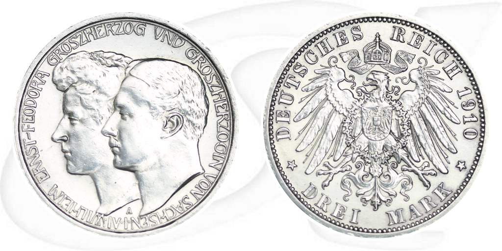 Sachsen-Weimar-Eisenach Hochzeit 1910 3 Mark Münze Vorderseite und Rückseite zusammen