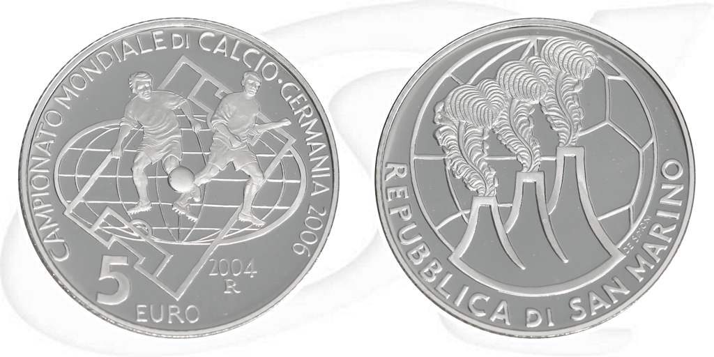 San Marino 2004 Fußball WM 5 Euro Münze Vorderseite und Rückseite zusammen