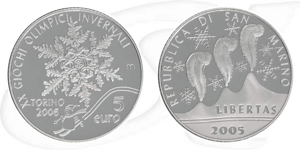 San Marino 2005 Olympia 2006 Turin 5 Euro Münze Vorderseite und Rückseite zusammen