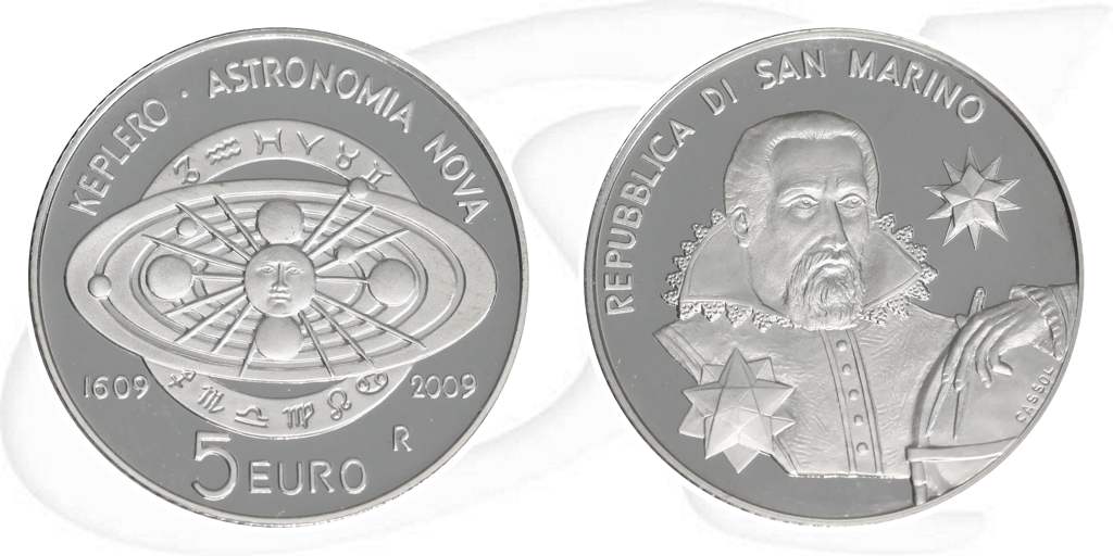 San Marino 2009 Keplersche Gesetze 5 Euro Münze Vorderseite und Rückseite zusammen