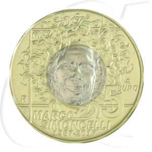 San Marino 30. Geburtstag Marco Simoncelli 5 Euro 2017 st Münzen-Wertseite