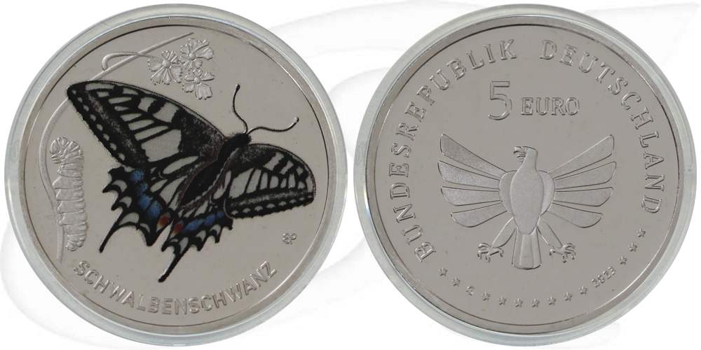 schwalbenschwanz-2023-5-euro-deutschland-wunderwelt-insekten Münze Vorderseite und Rückseite zusammen