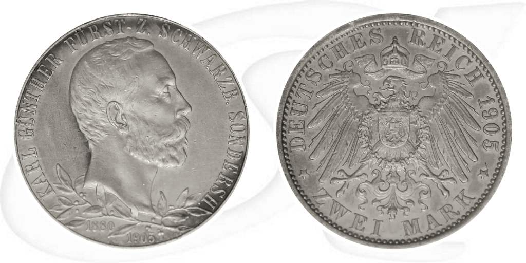 Schwarzburg Sondershausen 1905 Regierungsjubiläum 2 Mark Münze Vorderseite und Rückseite zusammen
