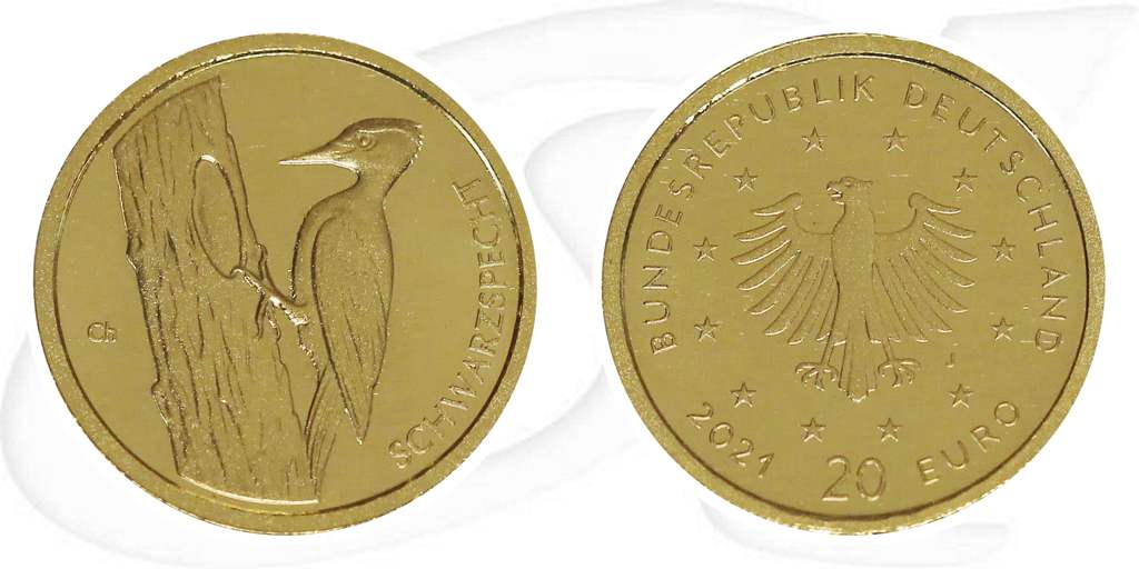 Schwarzspecht 2021 Gold Deutschland 20 Euro Münze Vorderseite und Rückseite zusammen