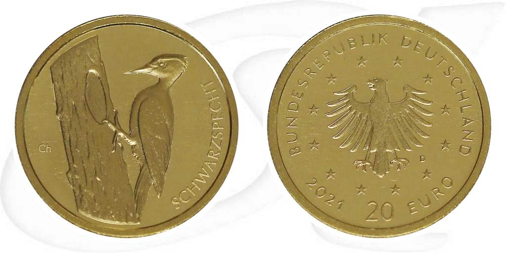 Schwarzspecht Goldmünze 20 Euro Deutschland 2021 Münze Vorderseite und Rückseite zusammen
