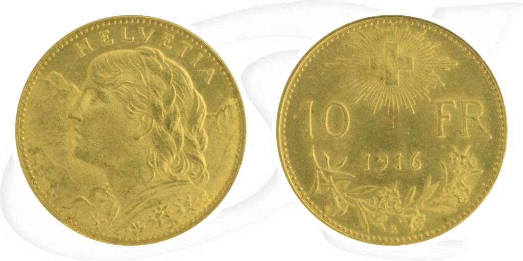 Schweiz 10 Franken Gold 2,90g fein Vreneli 1916 vz-st Münze Vorderseite und Rückseite zusammen