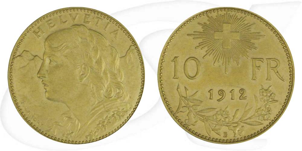 Schweiz 10 Franken Gold 2,90g fein Vreneli 1912 vz-st
