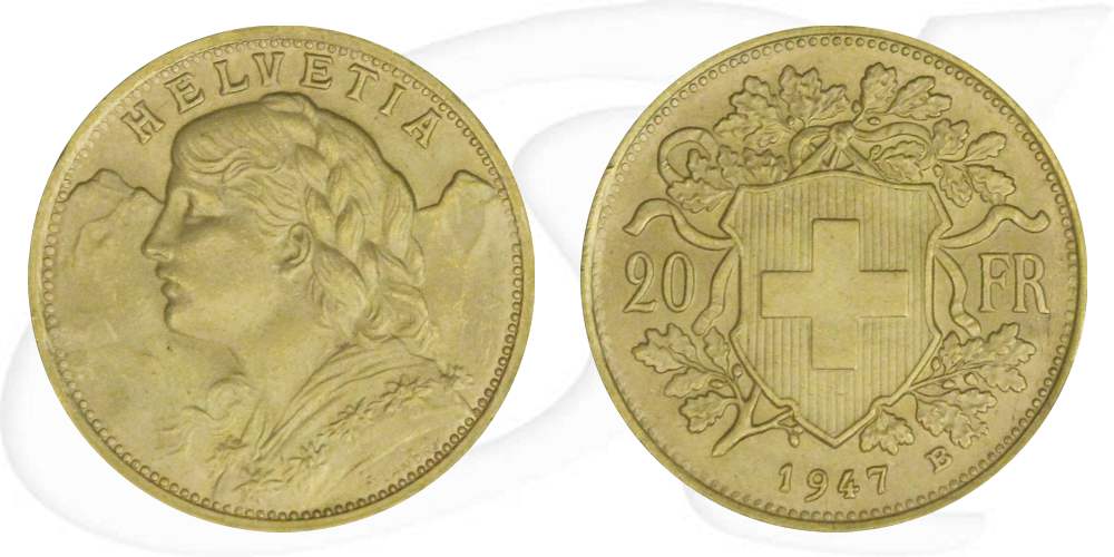 Schweiz 20 Franken Gold 5,81g fein Vreneli 1947 vz-st