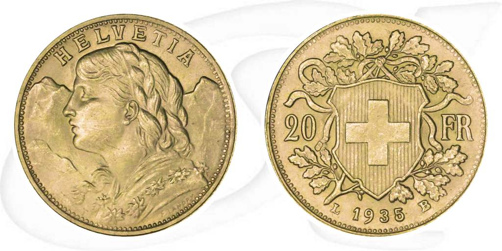 Schweiz 20 Franken Vreneli Gold 5,81g fein Münze Vorderseite und Rückseite zusammen