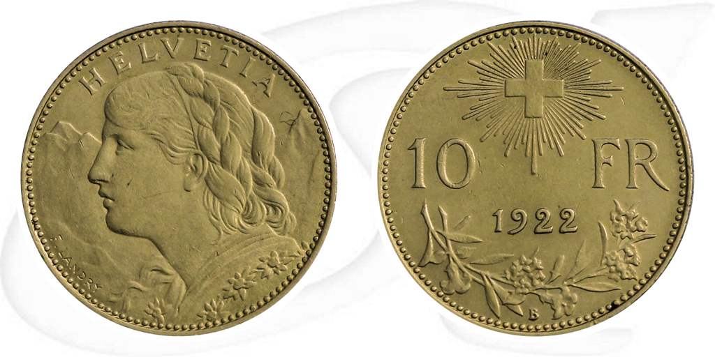Schweiz 10 Franken Gold 2,90g fein Vreneli 1922 vz Münze Vorderseite und Rückseite zusammen