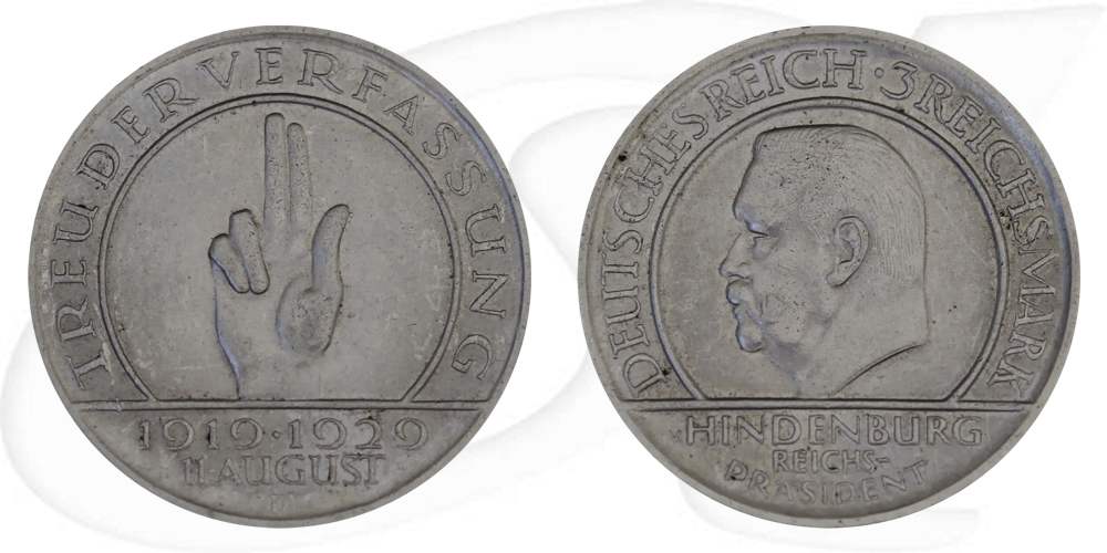 3-markweimarer-verfassung-schwurhand-a-1929-vz Münze Vorderseite und Rückseite zusammen
