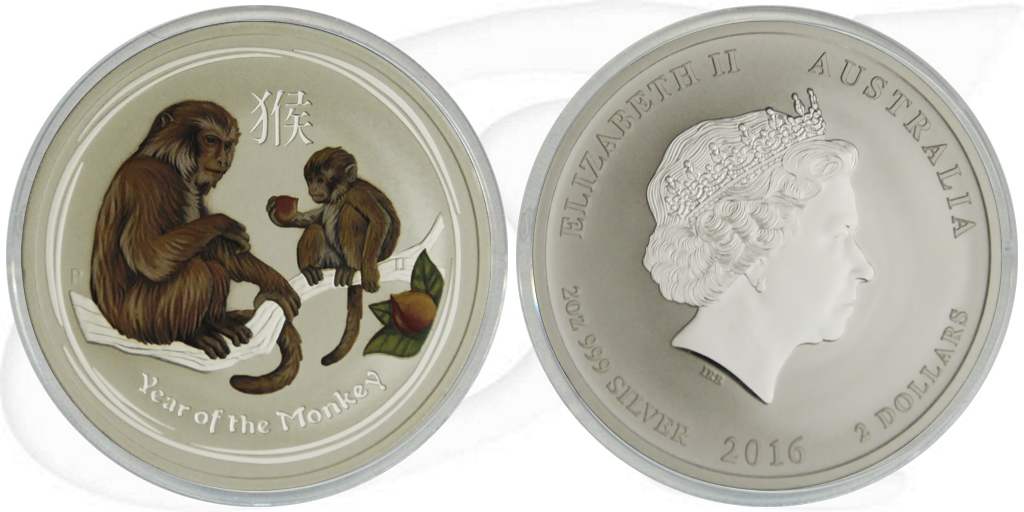 Silber Affe Farbe Lunar 2016 2 Dollar Australien Münze Vorderseite und Rückseite zusammen