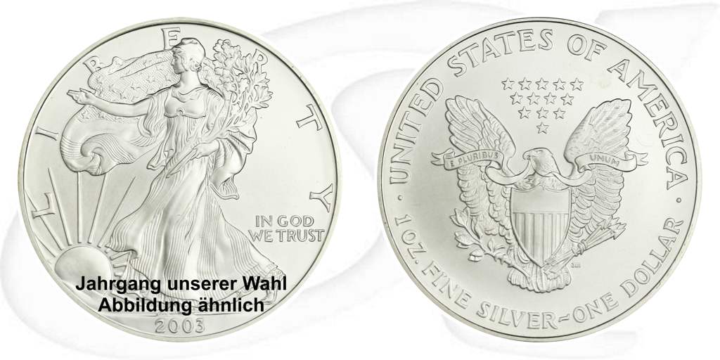 Silber Dollar USA American Eagle 1 Unze Münze Vorderseite und Rückseite zusammen