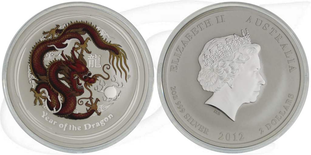 Silber Drache Farbe Lunar 2012 2 Dollar Australien Münze Vorderseite und Rückseite zusammen