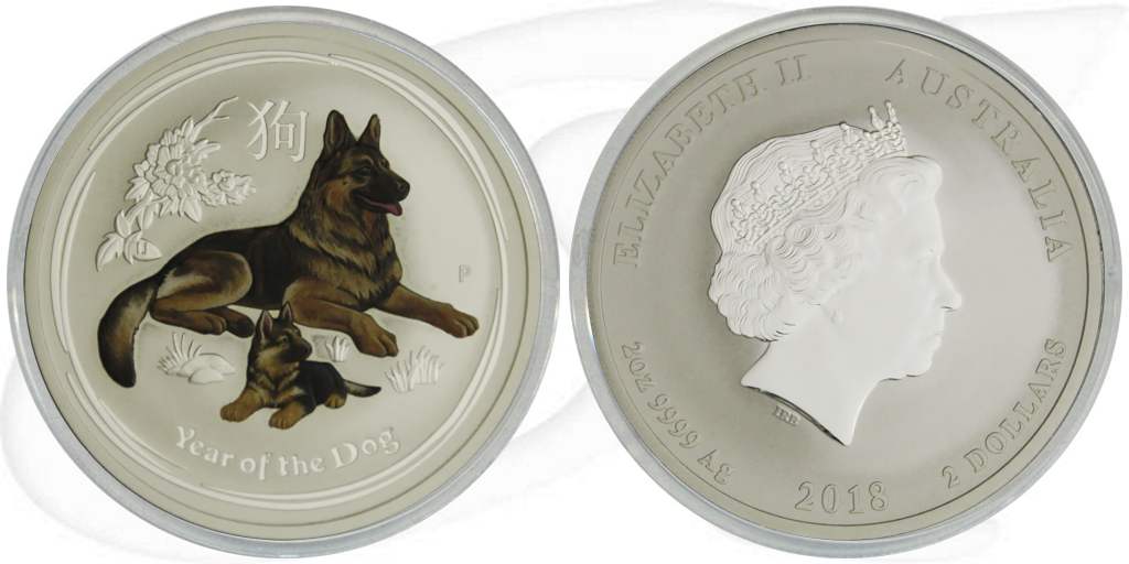 Silber Hund Farbe Lunar 2018 2 Dollar Australien Münze Vorderseite und Rückseite zusammen