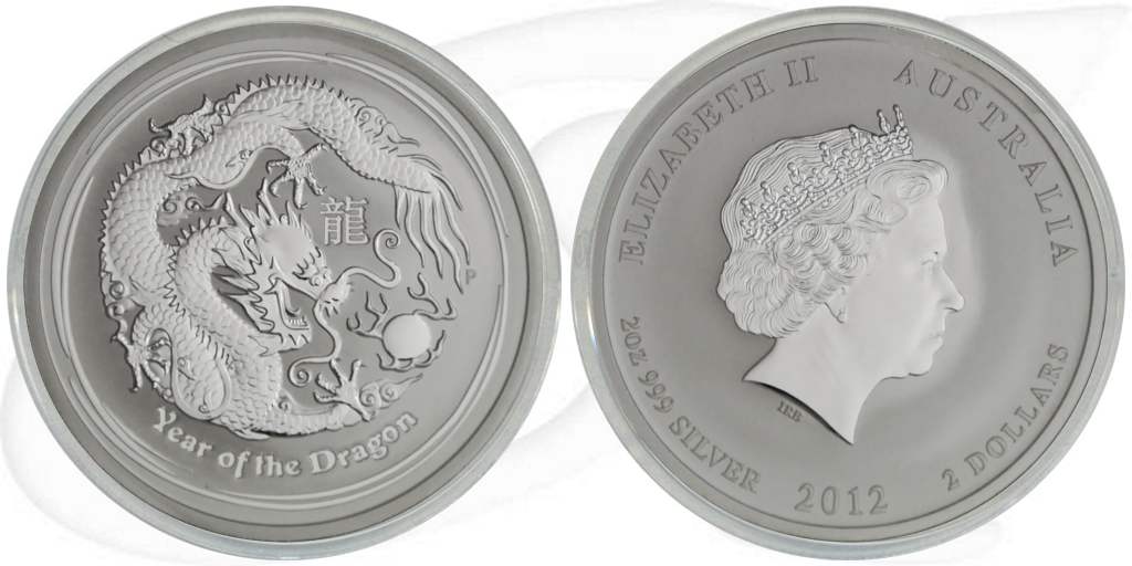 Silber Lunar Drache 2012 2 Dollar Australien Münze Vorderseite und Rückseite zusammen