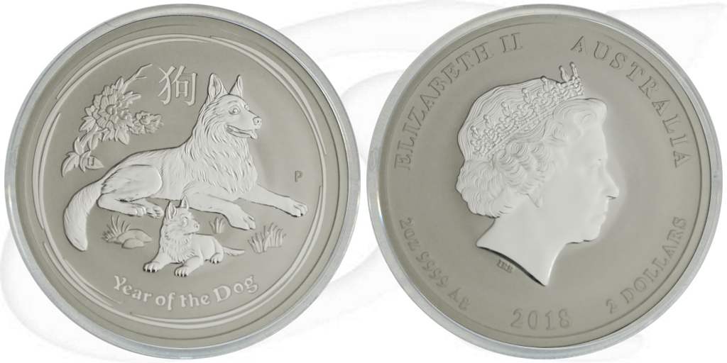 Silber Lunar Hund 2018 2 Dollar Australien Münze Vorderseite und Rückseite zusammen