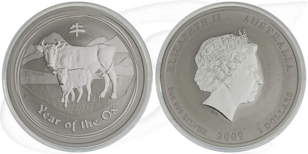 Silber Lunar Ochse 2009 2 Dollar Australien Münze Vorderseite und Rückseite zusammen