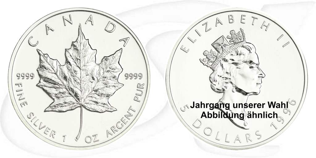 Silber Maple Leaf Silbermünze Kanada 5 Dollars Münze Vorderseite und Rückseite zusammen