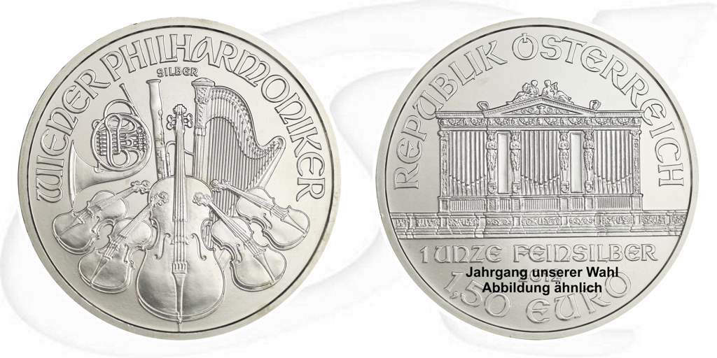 Silbermünzen Österreich Philharmoniker Wiener 1 Unze oz Silber Münze Vorderseite und Rückseite zusammen