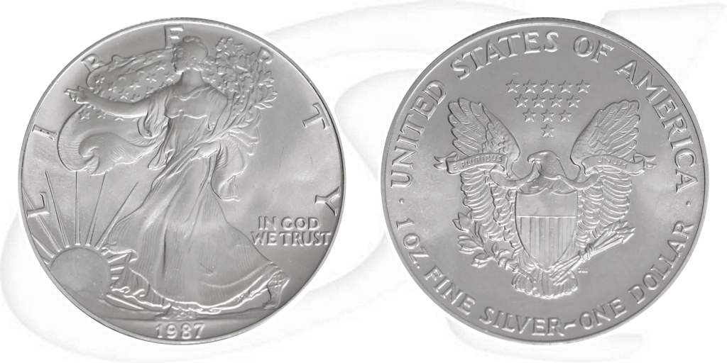 Silver Eagle 1987 USA Walking Liberty Münze Vorderseite und Rückseite zusammen