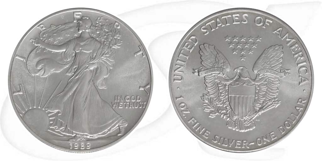 Silver Eagle 1989 USA Walking Liberty Münze Vorderseite und Rückseite zusammen