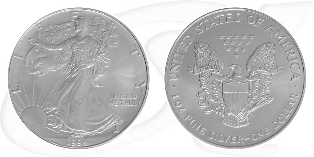 Silver Eagle 1994 USA Walking Liberty Münze Vorderseite und Rückseite zusammen
