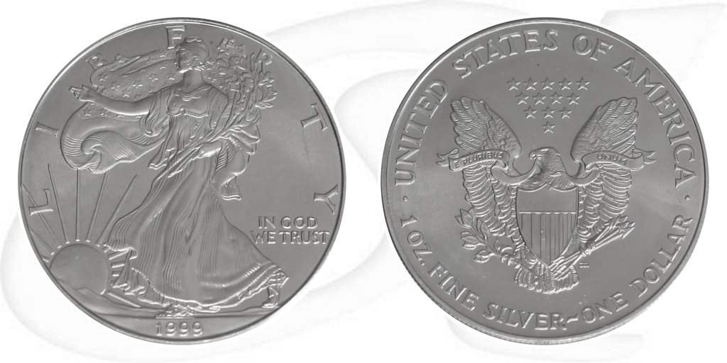 Silver Eagle 1999 USA Walking Liberty Münze Vorderseite und Rückseite zusammen
