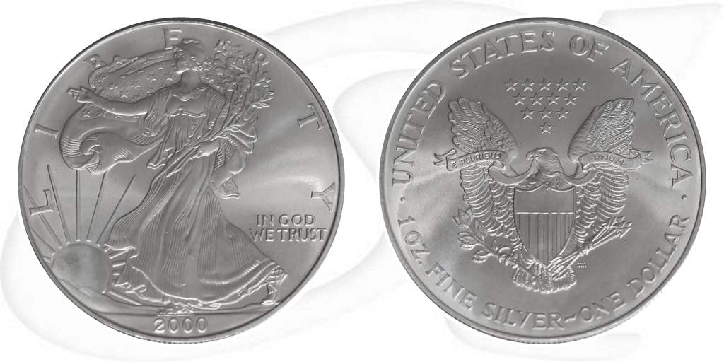Silver Eagle 2000 USA Walking Liberty Münze Vorderseite und Rückseite zusammen