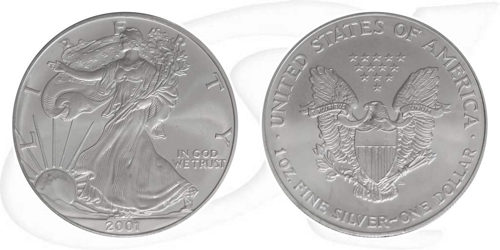 Silver Eagle 2001 USA Walking Liberty Münze Vorderseite und Rückseite zusammen