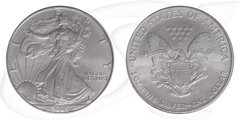 Silver Eagle 2005 USA Walking Liberty Münze Vorderseite und Rückseite zusammen