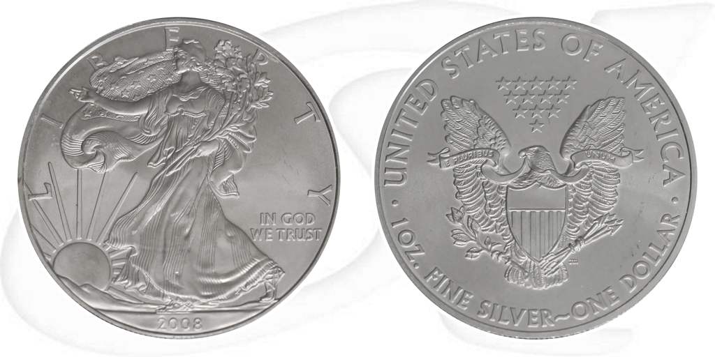Silver Eagle 2008 USA Walking Liberty Münze Vorderseite und Rückseite zusammen