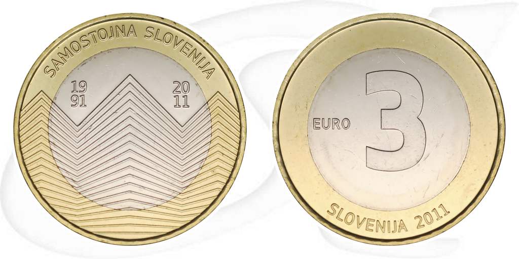 Slowenien 2011 Unabhängigkeit 3 Euro Ljubljana Münze Vorderseite und Rückseite zusammen