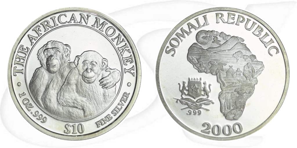 Somalia Affe 2000 Münze Vorderseite und Rückseite zusammen