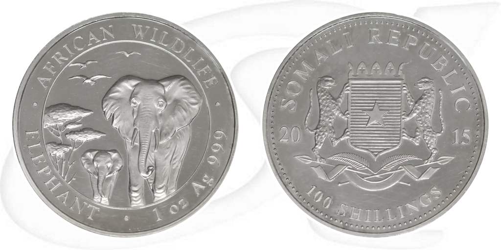 Somalia Elefant 2015 100 Shillings Silber Münze Vorderseite und Rückseite zusammen