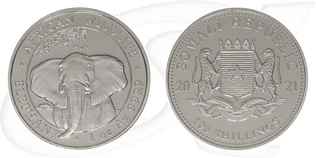 Somalia Elefant 2021 Silber Münze Vorderseite und Rückseite zusammen