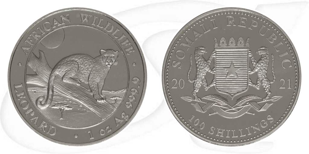 Somalia Leopard 2021 Silber Münze Vorderseite und Rückseite zusammen