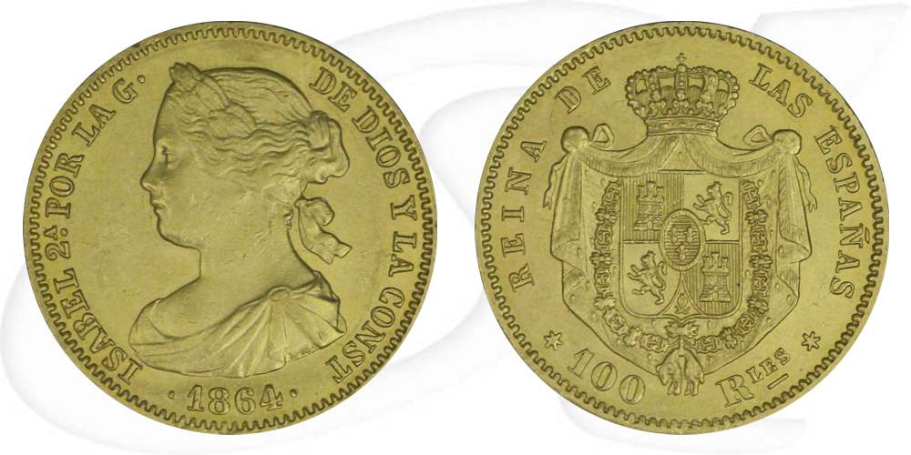 Spanien 100 Reales 1864 vz Gold 7,50g fein Isabel II.