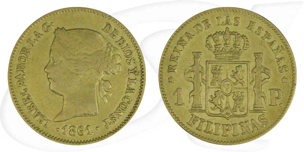 Philippinen - Spanien 1 Peso 1861 f. ss Gold 1,48g fein Isabel II.