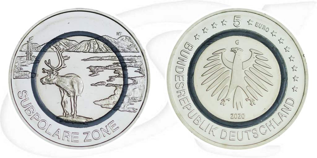 Subpolare Zone 2020 türkis Deutschland 5 Euro Münze Vorderseite und Rückseite zusammen