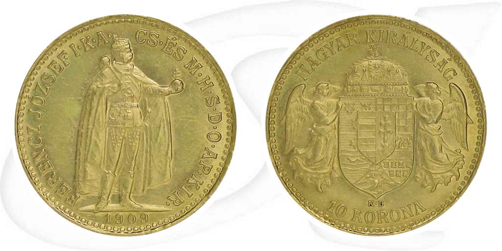 Ungarn 10 Korona Gold (3,049 gr. fein) 1909 vz Franz Josef I. Münze Vorderseite und Rückseite zusammen