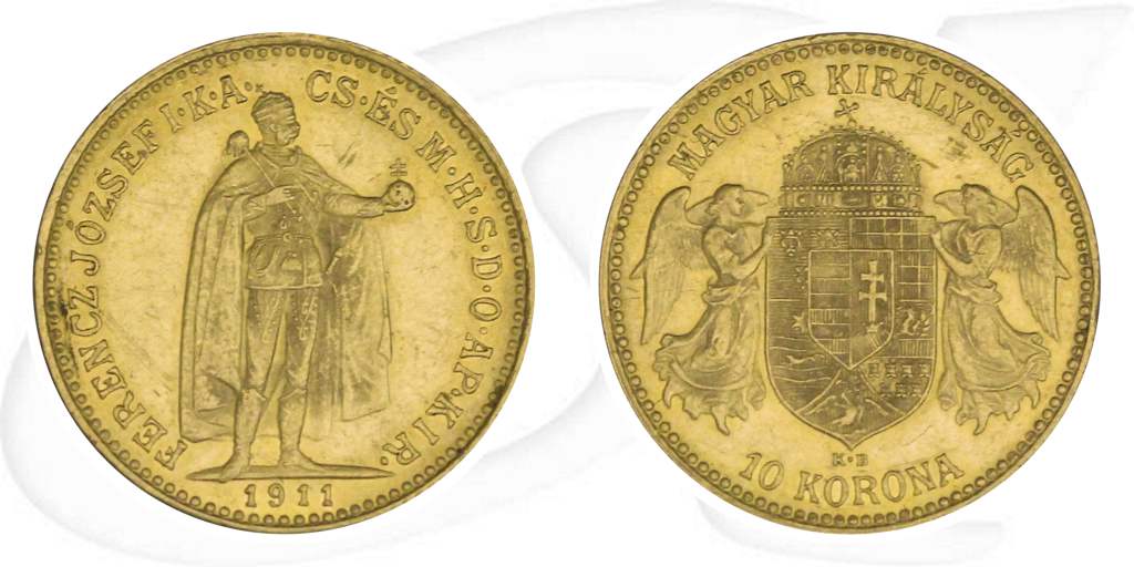 Ungarn 10 Korona Gold (3,049 gr. fein) 1911 ss-vz Franz Josef I. Münze Vorderseite und Rückseite zusammen