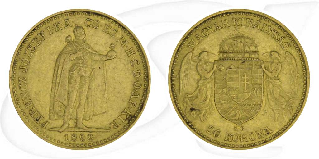 Ungarn 20 Korona Gold (6,098 gr. fein) 1892 ss Franz Josef I. Münze Vorderseite und Rückseite zusammen