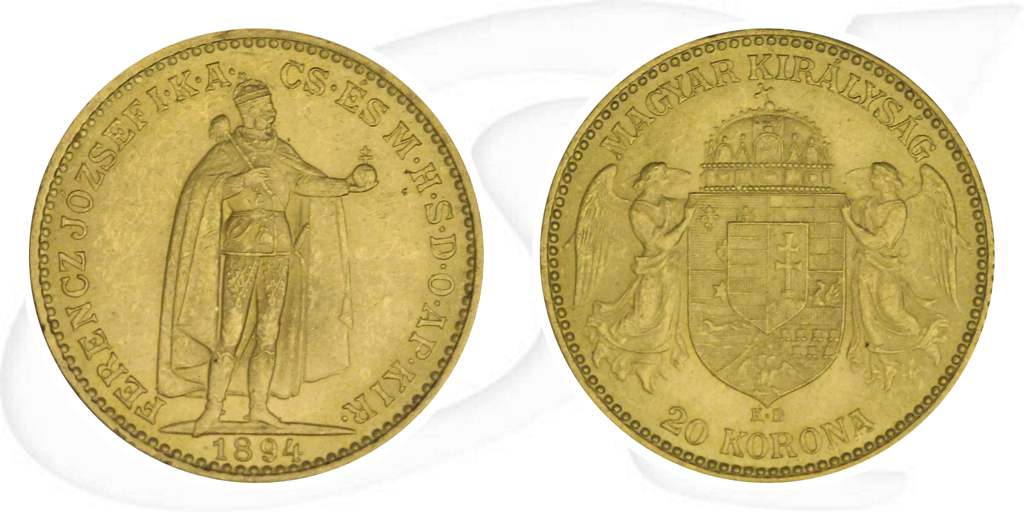 Ungarn 20 Korona Gold (6,098 gr. fein) 1894 vz Franz Josef I. Münze Vorderseite und Rückseite zusammen